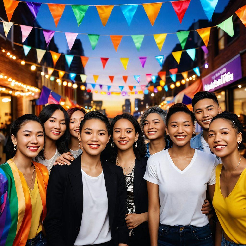 A vibrant gathering of diverse LGBTQ individuals celebrating their culture, set in an urban environment with colorful decorations and flags. The scene includes a mix of Asian and other ethnic backgrounds, showcasing pride in their identities through fashion and expressions of joy. The background features a sunset skyline, symbolizing hope and unity, with sparkling lights illuminating the atmosphere. super-realistic. vibrant colors. dynamic composition.