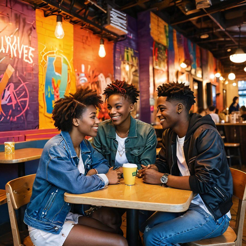 A vibrant illustration of diverse LGBTQ youth, showcasing their unique styles and expressions, gathered in a cozy urban cafe setting, engaging in heartfelt conversations about romance and intimacy. The background features colorful graffiti murals symbolizing love and acceptance, with soft warm lighting creating an inviting atmosphere. Elements of technology and social media subtly incorporated in the scene, highlighting modern connections. super-realistic. vibrant colors. urban setting.