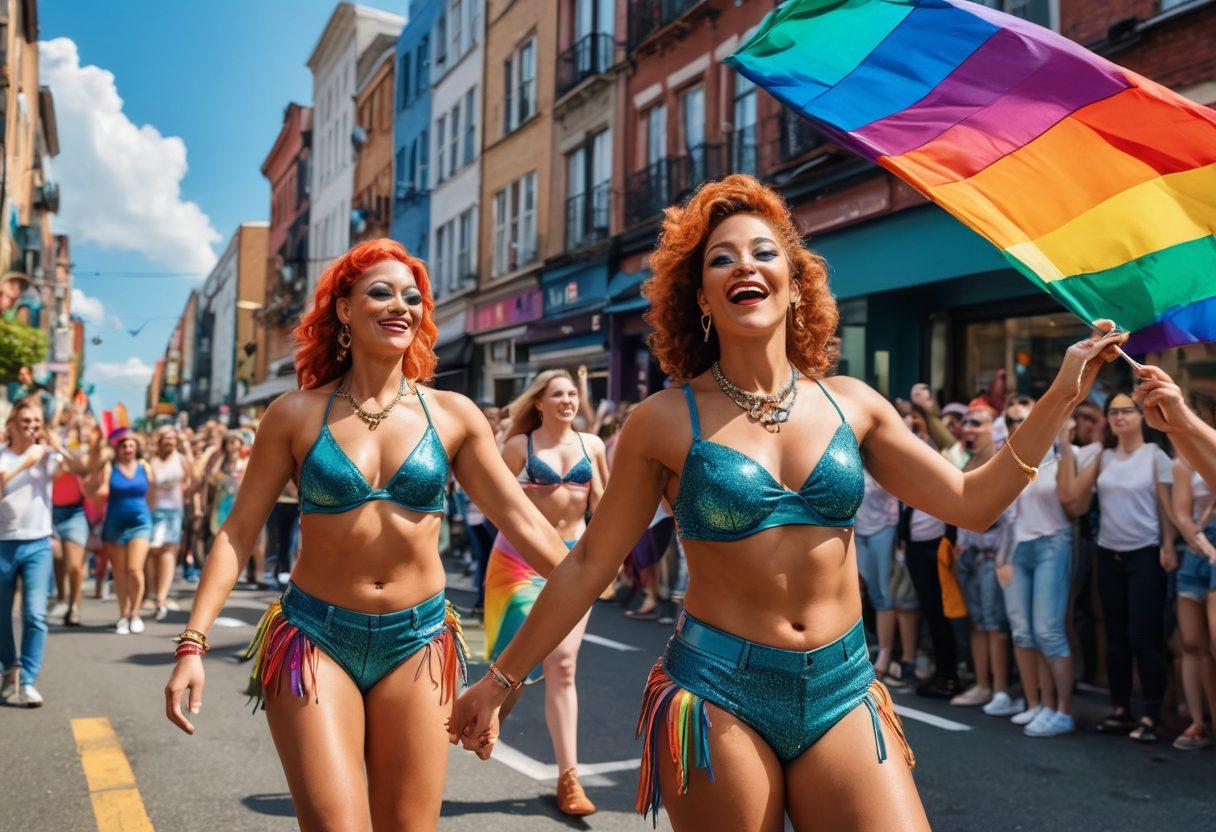 A vibrant parade scene, filled with rainbow flags and jubilant individuals celebrating Gay Pride. Include diverse people dancing, holding hands, and enjoying festive decorations, with elements of adult entertainment subtly incorporated, such as drag performers and artistic representations. The atmosphere should be lively, full of love and connection, set against a colorful city backdrop. colorful illustration. dynamic composition. vibrant colors.